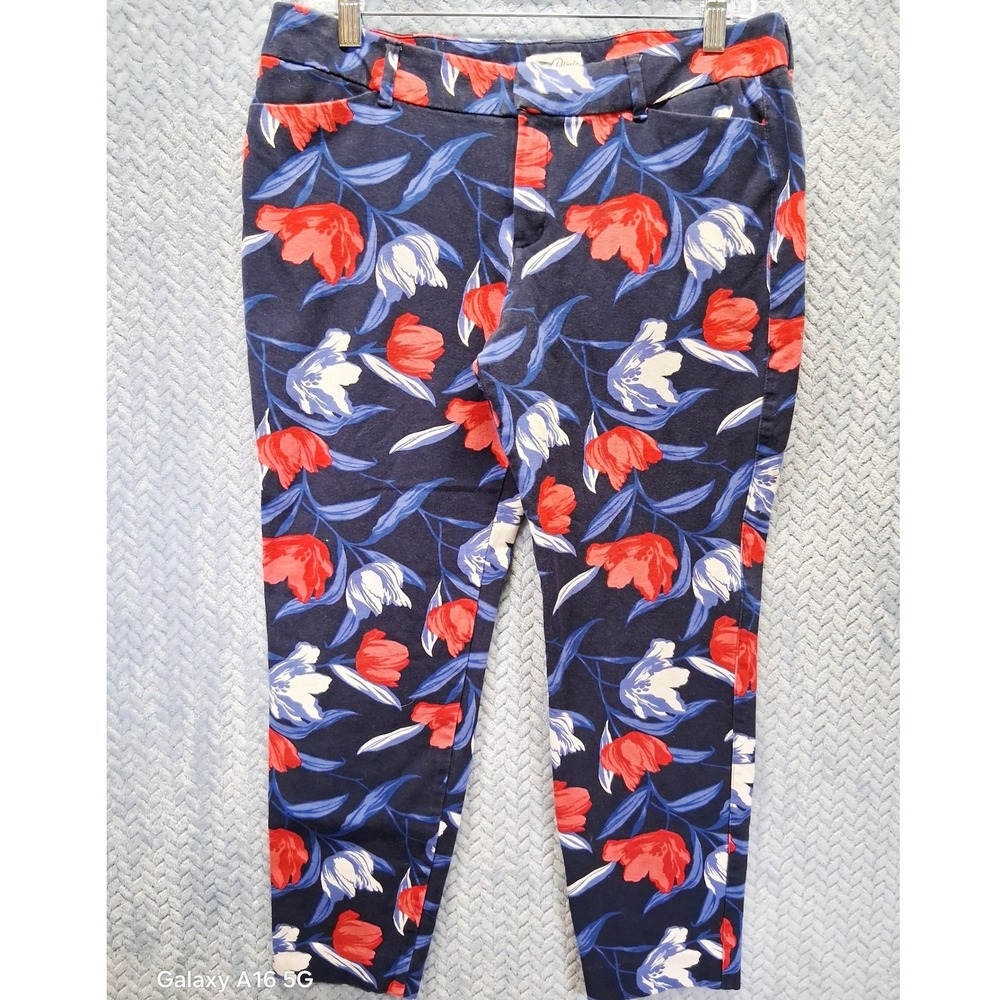 Old Navy Pixie Ankle Pants Womens 12 Navy Blue Red Floral Tulip Mid Rise Stretch